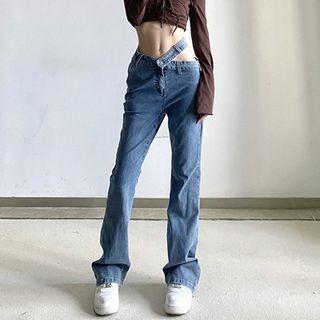Low Rise Cut-out Washed Boot-cut Jeans