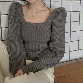 Square-neck Ribbed Knit Top Gray - One Size