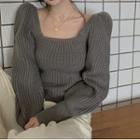 Square-neck Ribbed Knit Top Gray - One Size