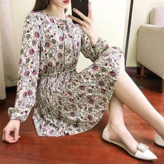 Floral Print Pleated Dress Apricot - One Size