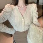 Puff-sleeve V-neck Button-up Lace Top Beige - One Size