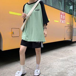 3/4-sleeve Raglan Letter T-shirt Green - One Size