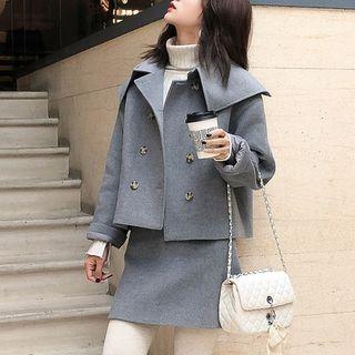Set: Collared Double-breasted Coat + High Waist A-line Skirt