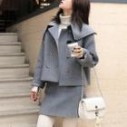 Set: Collared Double-breasted Coat + High Waist A-line Skirt