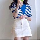 Striped Short-sleeve Collared Knit Top / A-line Mini Skirt