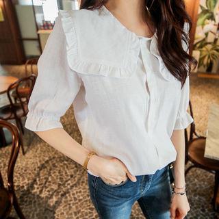 Wide-collar Frilled Linen Blend Blouse