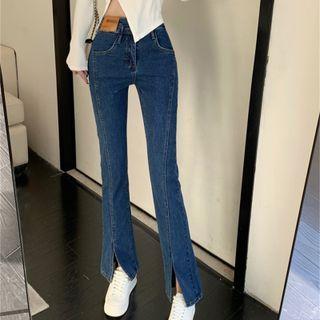 Mid Waist Slit Straight Leg Jeans