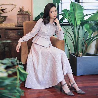 Set: Plaid Button Jacket + Midi A-line Plaid Skirt
