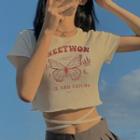 Short-sleeve Butterfly Print Lace Up Cropped T-shirt