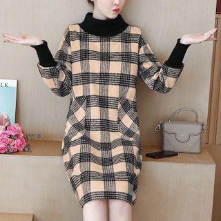Turtleneck Long-sleeve Plaid A-line Dress