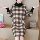 Turtleneck Long-sleeve Plaid A-line Dress