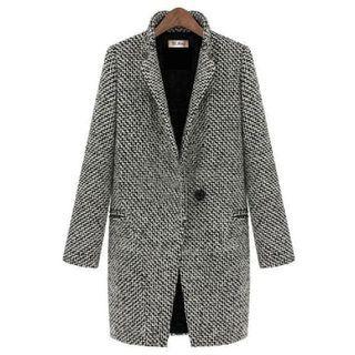 Long-sleeve Buttoned Houndstooth Trench Coat