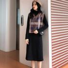 V-neck Plaid Knit Vest / Long-sleeve Mock Neck Midi Dress