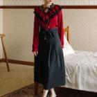 Set: Long-sleeve Lace Trim Tie-neck Blouse + Bow Midi A-line Skirt