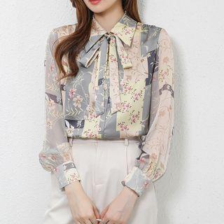 Long Sleeve Lace-up Floral Print Shirt