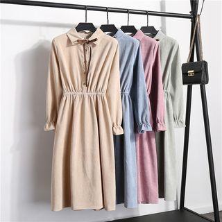 Ribbon Accent Collared Long-sleeve Dress