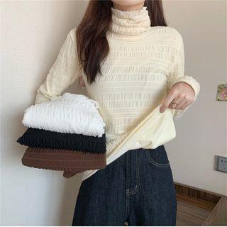 High-neck Long-sleeve Lace-trim Top