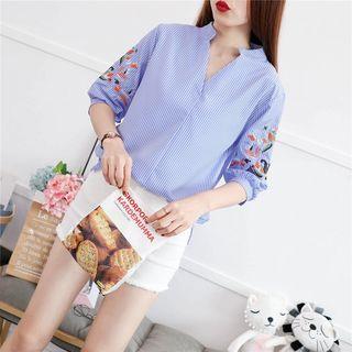 Elbow Sleeve Striped Embroidered Blouse