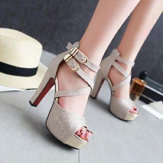 Platform Ankle Strap Glittered High Heel Sandals
