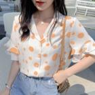 Flared-cuff Dotted Chiffon Blouse