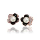 Fashion Elegant Plated Rose Gold Flower Pearl Stud Earrings With Cubic Zircon Rose Gold - One Size