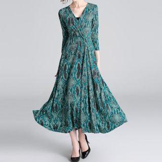 Snake Skin Print 3/4-sleeve Wrap Midi A-line Dress