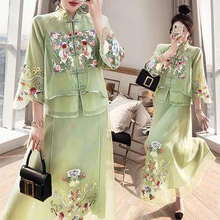 Embroidered Sheer Blouse / Midi A-line Skirt