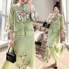 Embroidered Sheer Blouse / Midi A-line Skirt