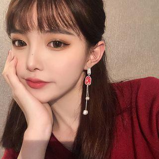 Rhinestone Faux Pearl Chinese Character Drop Earring