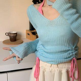 Mock Two-piece Halter-neck Drawstring Long-sleeve Knit Top