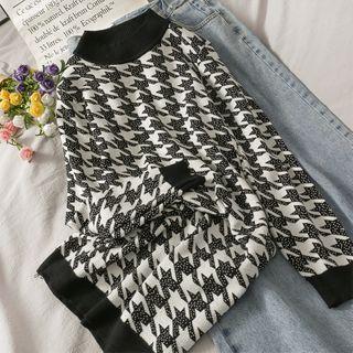 Houndstooth Mock-neck Knit Mini Dress Black - One Size