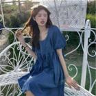 Puff-sleeve Plain A-line Dress Blue - One Size