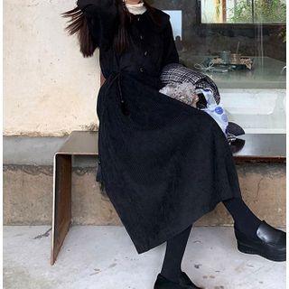 Buttoned Long-sleeve Midi Collared Dress
