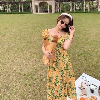 Floral Puff-sleeve Midi A-line Dress