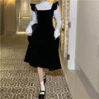 Ruffle Midi Overall Dress / Long-sleeve Plain T-shirt