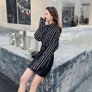 Striped Shirt / Faux Leather Mini Skirt / Set