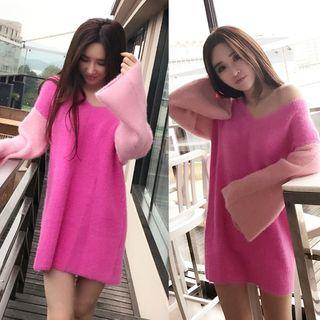 Color Panel V-neck Sweater Dress