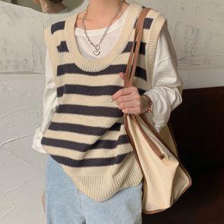 Striped Knit Vest Stripe - Beige & Black - One Size