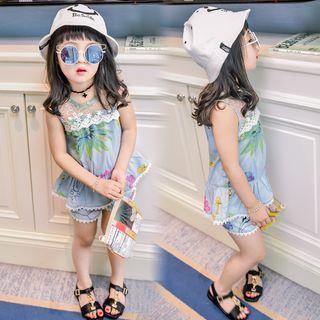 Set Of Two: Floral Print Sleeveless Lace Top + Floral Print Lace Shorts