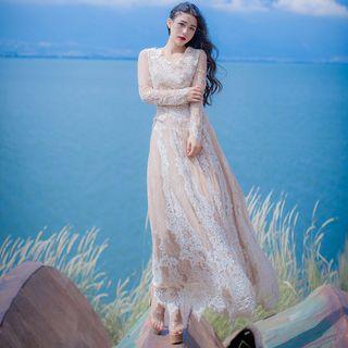 Long-sleeved Tie-waist Sheath V-neck Plain Lace Dress