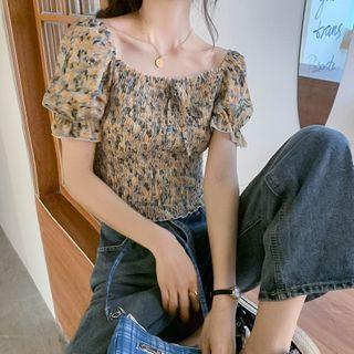 Floral Off-shoulder Short-sleeve Slim-fit Top