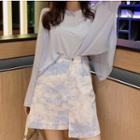 Slit-back Long-sleeve Light Top / Tie-dyed Mini Skirt