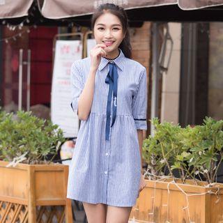 Elbow-sleeve Bow-accent Striped Shirtdress