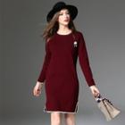 Contrast Trim Long Sleeve Knit Dress With Brooch