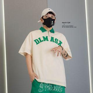 Contrast Collar Letter Embroidered Polo Shirt