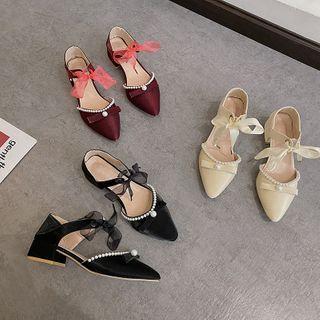 Pointed Faux Peal Block Heel Sandals