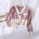 One-button Colorblock Crop Knit Cardigan