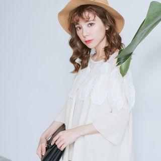 Bell Sleeve Mesh Panel Lace Applique Top