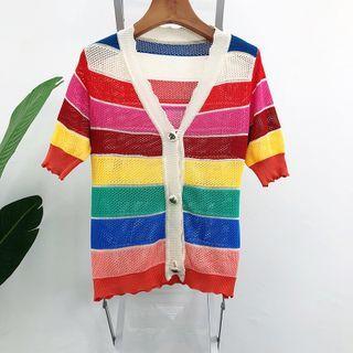 Short Sleeve Rainbow Color Buttoned Cardigan