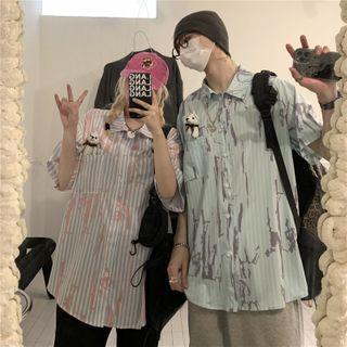 Elbow-sleeve Striped Print Shirt
